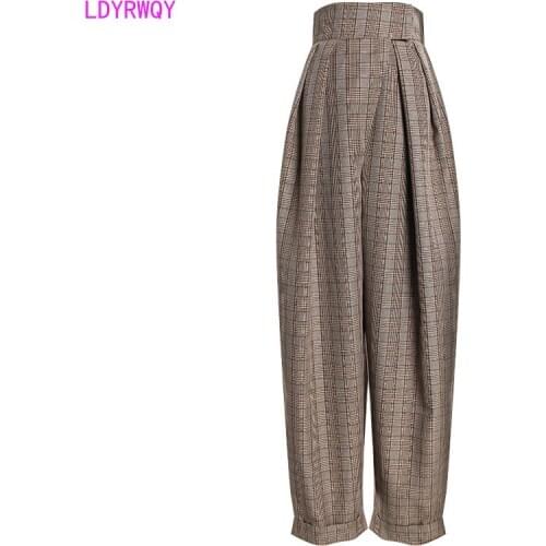2021 autumn new womens retro accented hipster check high waist was thin cuffed casual harem trousers pants