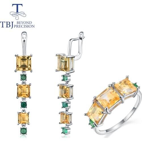 2020 New luxury Jewelry set natural Brazil Citrine with nautral emerald earring ring 925 sterling silver fine jewelry for lady