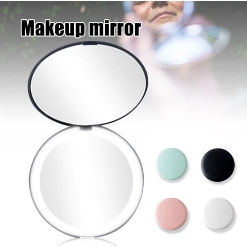 Mini Portable Makeup Mirror with LED Light Double Sided Folding Mirror 2X Magnification Round 90mm MA