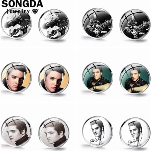 SONGDA Rock Star Singer Elvis Presley Picture Earrings Exquisite Glass Time Gem Ear Studs for Music Fans Gift Jewelry Wholesale