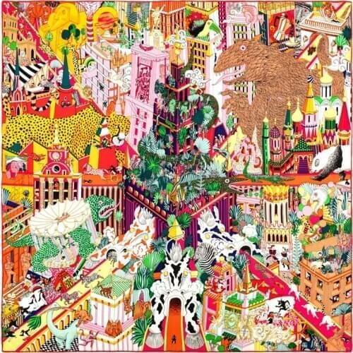 POBING Manual Hand Rolled Twill Silk Scarf Women Animals Kingdom Square Scarves Echarpes Foulards Femme Wrap Bandana Hijab 90CM