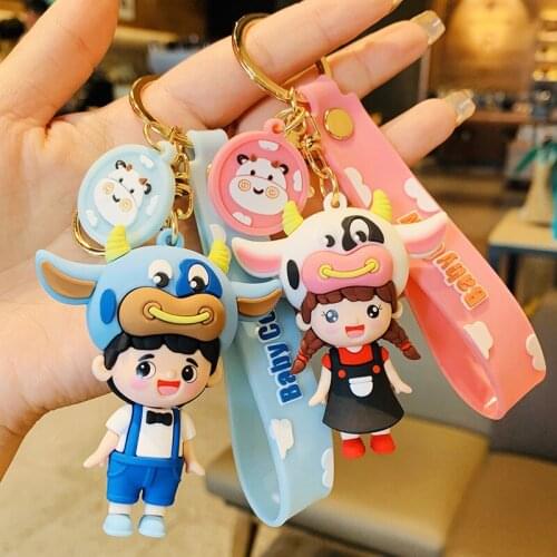 Lovely Doll Cow Calf Ears Couples Keychain For Girls Boys Key Chain Women Rubber Trinkle Key Ring Chains Car Bag Charm D791