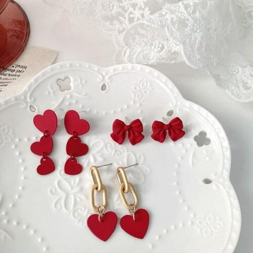 Timlee E218 New Temperament Cute Red Heart Bow Alloy Dangle Earrings, Fashion Accessories Wholesale