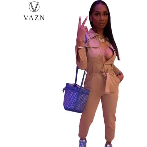 VAZN 2021 Autumn High-end Nature Casual Solid Simple Daily Young Free Full Sleeve Women Slim Long Straight Jumpsuits