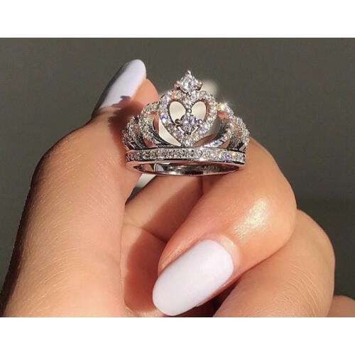 Kinel Jewelry Fashion CZ Stone Crown Rings For Women Silver Color Princess Cut 4.6 CT White ZirconEngagement Wedding Ring