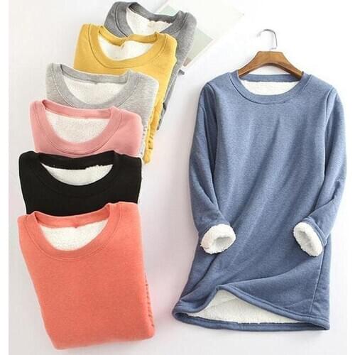 Women t shirt winter velvet warm long sleeve t shirt vintage streetwear cotton plus female solid ladies thicken bottom