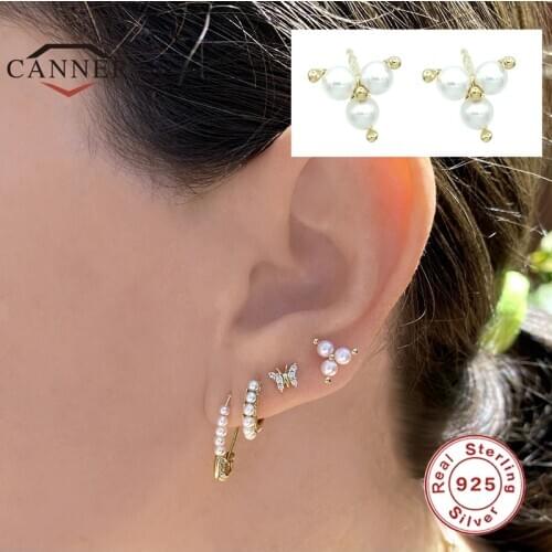 CANNER 925 Sterling Silver Stud Earrings for Women European American Personalized Pearl Piercing Earrings Earrings pendientes
