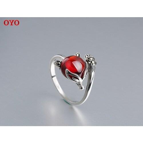100% S925 silver open ring fox vintage old ring garnet zircon female ring