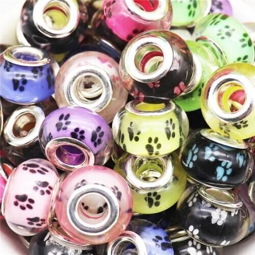 50Pcs/Lot Cute Dog Paw Big Hole Plastic Resin European Beads Fit Pandora Bracelet Chain Necklace Beads Charms for Jewelry Making