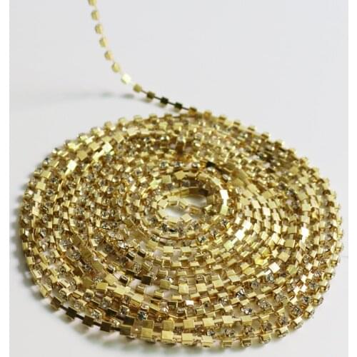 9 Yards/Lot 2mm&4mm Gold Close Base Clear Rhinestone Chain For Sew-On Bags Garment Shoes Accessories