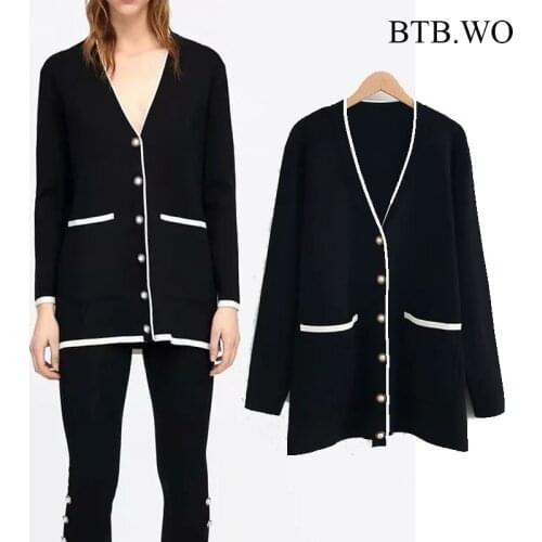BTB.WO ZA Women Fashion Single Breasted Loose Knitted Cardigan Sweater Vintage V- Neck Long Sleeve Female Outerwear Chic Tops