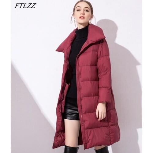 FTLZZ Winter Women 90% White Duck Down Jacket Casual Loose Parkas Coat Ultra Light Solid Jacket Thick Warm Long Snow Overcoat