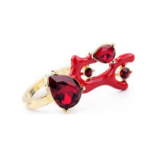 New Arrival Red Enamel Coral Shape Ring For Women Fashion Crystal Best Friends Gold Color Rings Accessories Resin