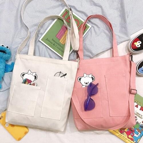 Reusable Foldable Shopping Bag Single Shoulde Canvas Cloth Bag High Quality Cute Bear Pattern Women Messenger Bag