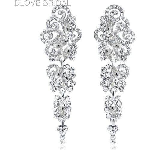 New Design Long Chandelier Crystal Bridal Earrings Silver Color Floral Wedding Party Jewelry Accessory