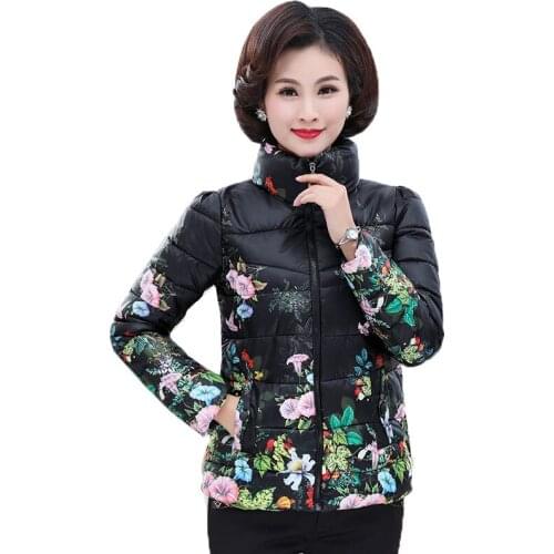 Middle-aged and Elderly Womens Cotton Coat Winter Jackets Short Printing Thin and Light Down Cotton Keep Warm Jacket Parkas