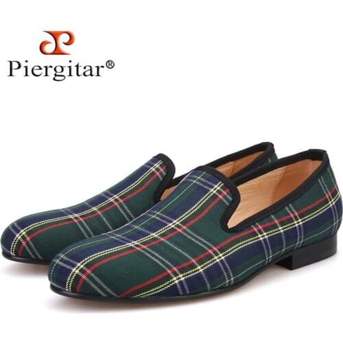 Piergitar 2018 Scotch plaids Fabric Handmade Men shoes Red and Green Casual loafers Banquet and Prom Men Flats Plus Size