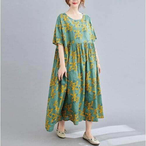 Thin Soft Cotton Linen Print Floral Prairie Chic Dress Short Sleeve Fashion Women Summer Dress Plus Size Travel Casual Dress
