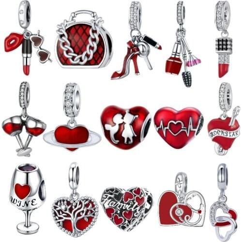 BISAER 925 Sterling Silver Red Color Lipstick Handbag High Heels Charms Wine Love heart Charms Fit Bracelets DIY Jewelry EFC346