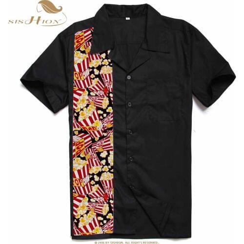 SISHION Button Up Mid-Century Inspired Men Shirt ST110 Short Sleeve Pocket Classic Retro Bowling Black Shirt camisa hombre