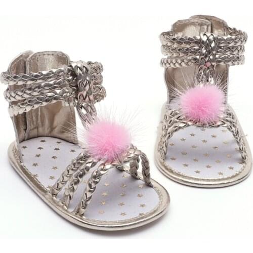 Sandals Girls Newborn Baby Shoes Fashion Woven PU Hair Ball Baby Girl Sandals Summer Golden Beach Baby Sandals