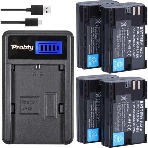 PROBTY 4pc LP-E6 LP E6 Battery + LCD Charger For Canon EOS 5DS R 5D Mark II 5D Mark III 6D 7D 60D 60Da 70D 80D DSLR EOS 5DS