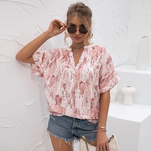 2021 Summer Ladies Sexy V-neck Pink Tie-dye Loose Pullover Short Sleeve All-match, Fashionable New Style Popular for Female