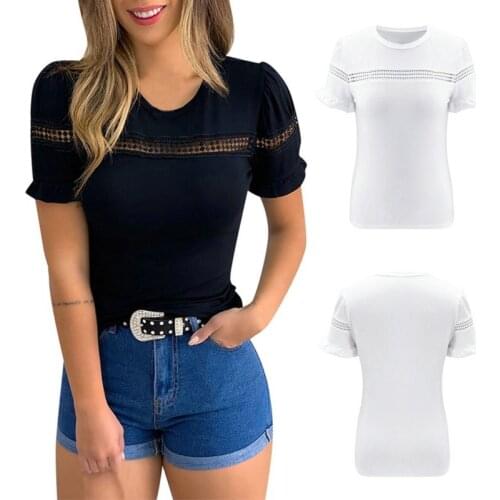 DAXIN Womens Round Neck Hollow Slim Ruffle Sleeve Top T-shirt Summer Ladies Solid Color Tee Shirt