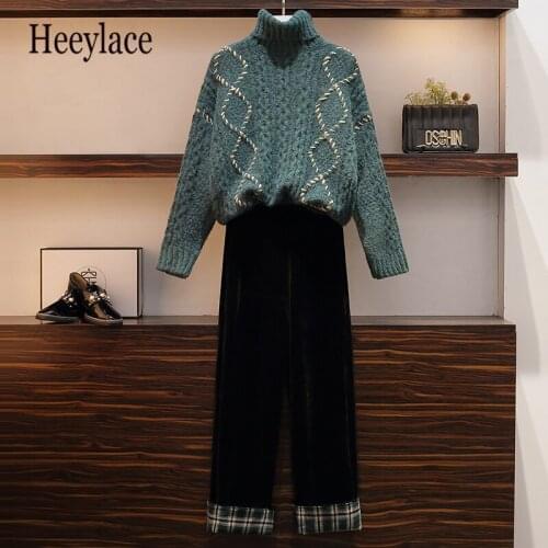 Plus Size Women Fall Winter Warm 2 Pieces Set 4XL Turtleneck Long Sleeve Vintage Knitted Sweater And Velvet Long Pants Sets