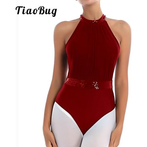 Women Sleeveless Ballet Leotard Elastic Gymnastics Classical Open Back Halter Neck Dance Leotard