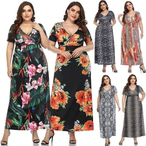 Plus Size Women Dress Sexy V-neck Shorts Sleeve Flower Printed Midi Dress Casual Loose Boho Floral Beachwear Sundress Vestidos