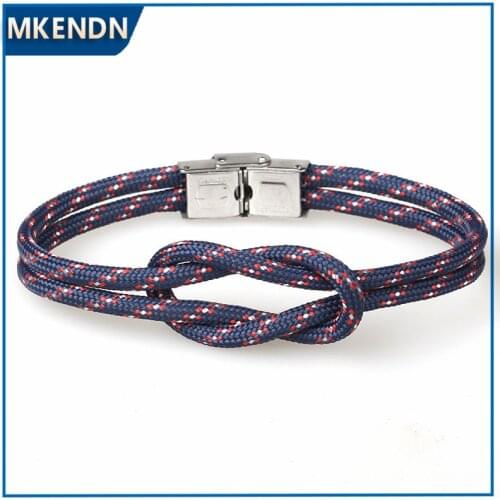 MKENDN New Men Women Nylon Cord Infinity Knot Bracelet Stainless Steel Fold Over Clasp Navy Style Friendship Jewelry Pulseras