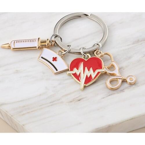 New Doctor Keychain Medical Tool Key Chain Heartbeat Stethoscope Syringe Nurse Cap Key Ring Nurse Gift DIY Handmade Jewelry