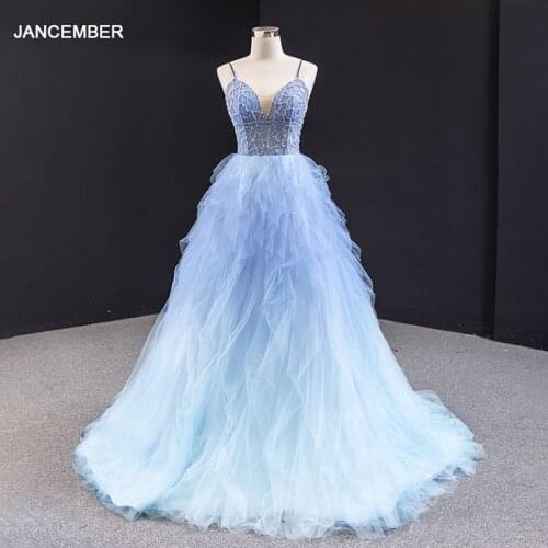 RSM66989 Blue Elegant Flowy Sexy Sling Evening Dress Pearl Beading Pattern Design Frill Lace Backless Gradient Long Skirt