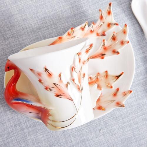 Enamel Dragon and Phoenix Coffee Mug Creative Tea Milk Mug Set Bone China 3D Color Porcelain Saucer Spoon Drinkware