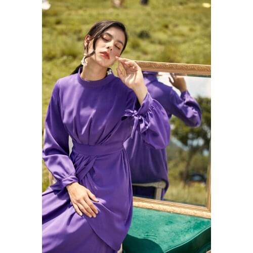 Eid Maxi Dress for Women Spring 2021 Purple Fashion High Neck Long Sleeve Muslim Arabic Turkish Dubai New Abaya Long Tight Dress