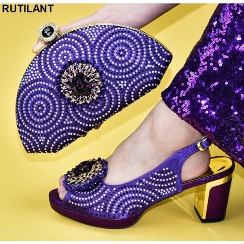 Purple Color Italian Ladies Shoes and Bag Set Decorated with Rhinestone Women Shoes and Bag To Match for Partie Heels Women