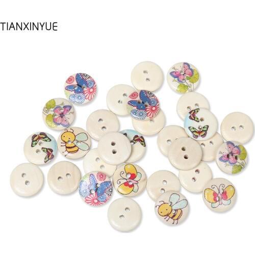 TIANXINYUE 15mm Round Wooden Butterflies Button Scrapbooking Random color Painting bees Buttons,DIY Clothing Accessories