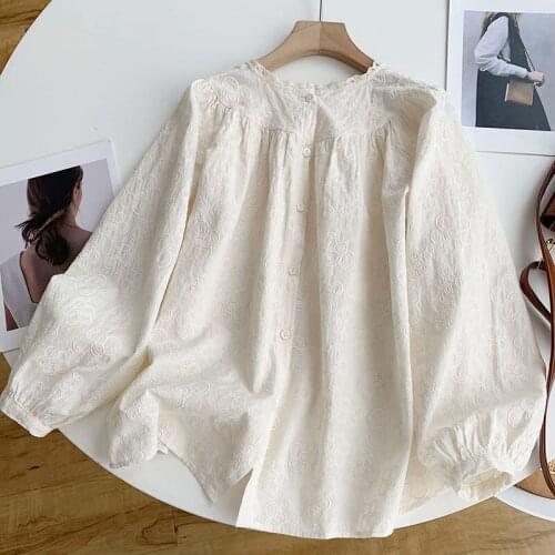 Lamtrip Unique Surface Embroidery Cotton Shirt Blouse Mori Girl 2021 Autumn Winter