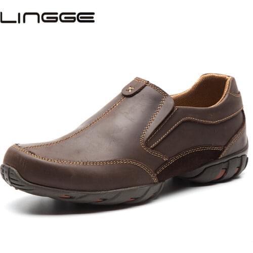 LINGGE 100% Genuine Leather Men Loafers Summer Men Casual Shoes Slip On Designer Men Oxfords Shoes Black Men Moccasins
