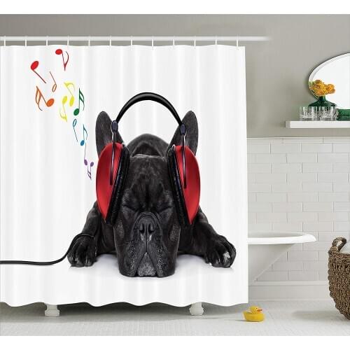 Dog Lover Decor Collection Bulldog Listening to Music with Earphones Headphones Relaxing on The Floor