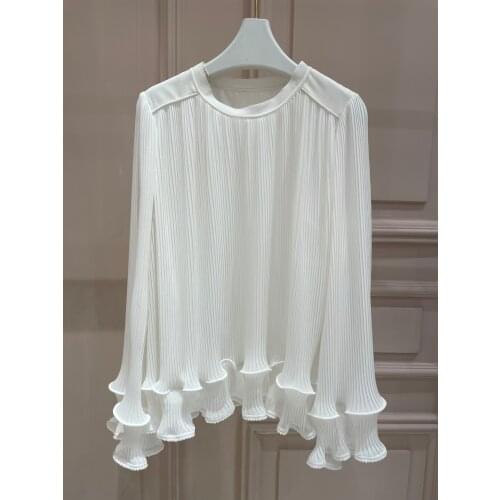 Fashion women 2021 new long-sleeved sexy casual pleated white shirt 0329