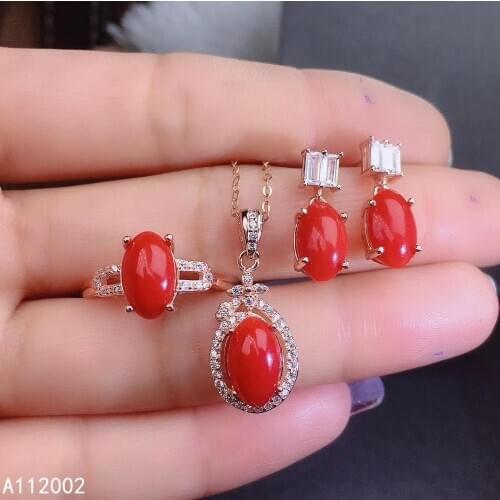 KJJEAXCMY fine jewelry natural red coral 925 sterling silver women pendant earrings ring set support test popular hot selling