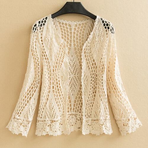 2021 New Female Fashion Thin Sunscreen Hollow Out Knitted Blouse Cardigan Women Summer Short Sleeve Solid Crop Shawl Tops L164