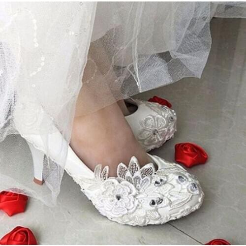 High heels white pumps shoes woman sexy lace crystal rhinestones plus size bridal bridesmaid ladies party dinner wedding pumps