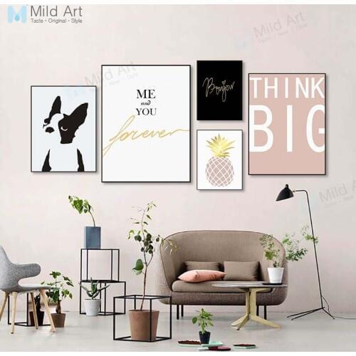 Pink Gold Pineapple Kawaii Dog Inspire Quotes Posters and Prints Nordic Living Room Wall Art Pictures Home Decor Canvas Painting
