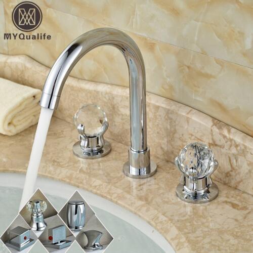 Bright Chrome Deck Mounted 3 Holes Basin Sink Faucet Bathroom Goose Neck Washing Basin Mixers with Hot and Cold Water