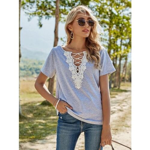 2021 Spring New T Shirt Women Casual Lace Patchwork V Neck Short Sleeve Top Female Solid Color Summer T Shirt For Women Gray