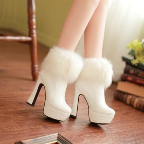 2021Winter Boots Women Sexy 13cm High Heels Fur Platform Ankle Boots For Women Leather Black White Fetish Shoes Woman Size 32-43