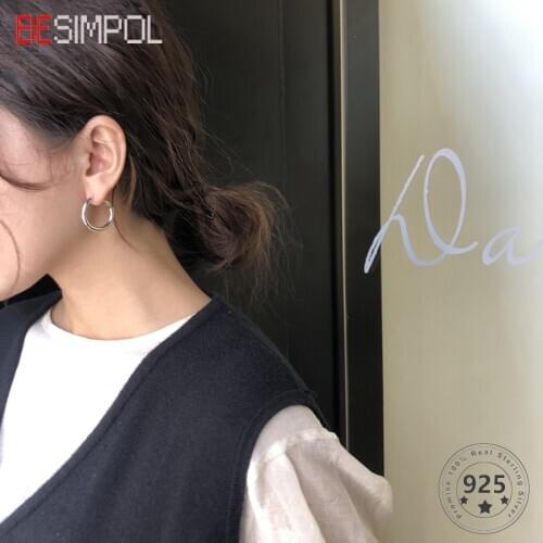 Besimpol Real 925 Sterling Silver Stud Earrings Fashion Geometric Round Hoop Earrings for Women All-match Fine Jewelry Charms